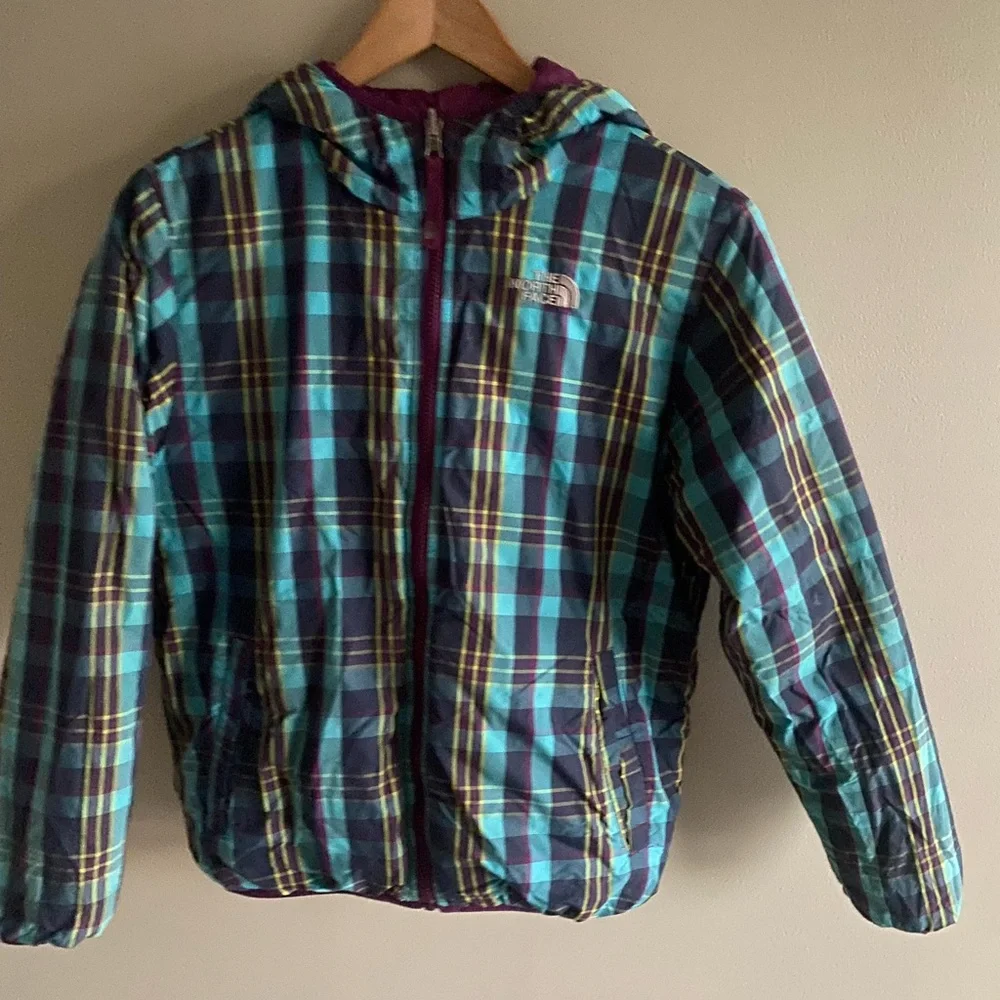 The North Face Jacket Girls L 16/18‎ Hooded Purple Reversible Plaid Mossbud 550